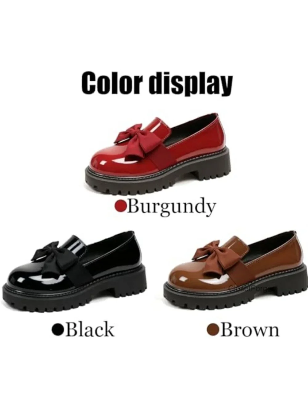 Patent Leather Chunky Heel Bow Loafers Round Toe Platform Non-Slip Lug Sole